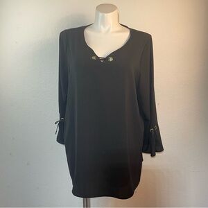 chenault Black tunic top grommet detail at neckline and flared sleeves Size 2x